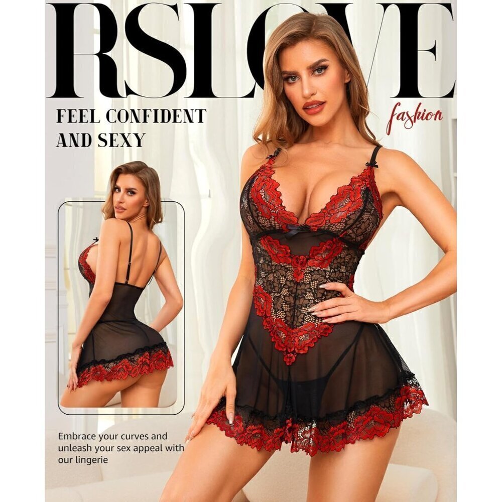 ❤️ Women Red  Babydoll Mesh Chemise Sleepwear Bridal Nightdress - Picture 2 of 5